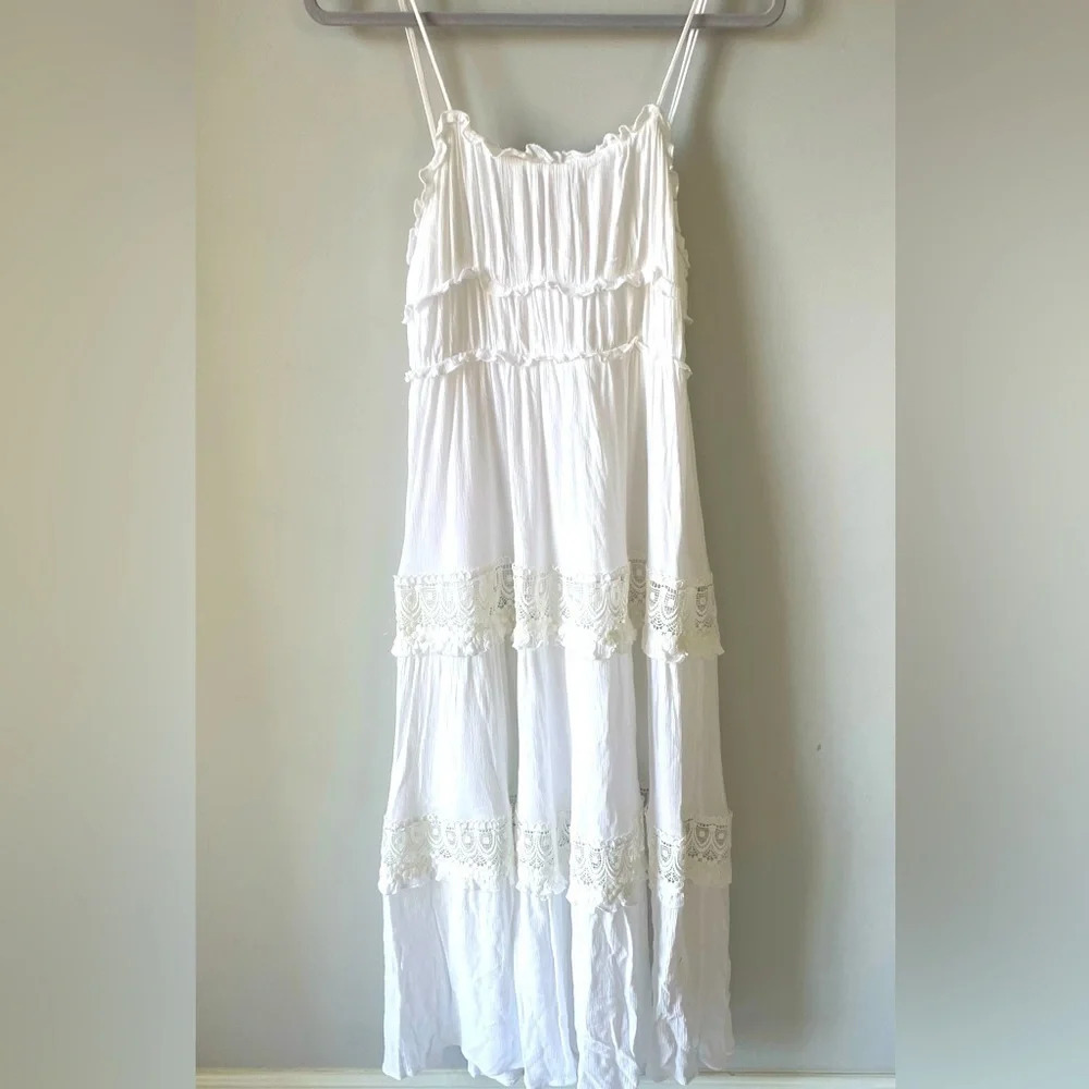 Mable for Anthropologie fluttery boho tiered lace maxi dress (lined) size S